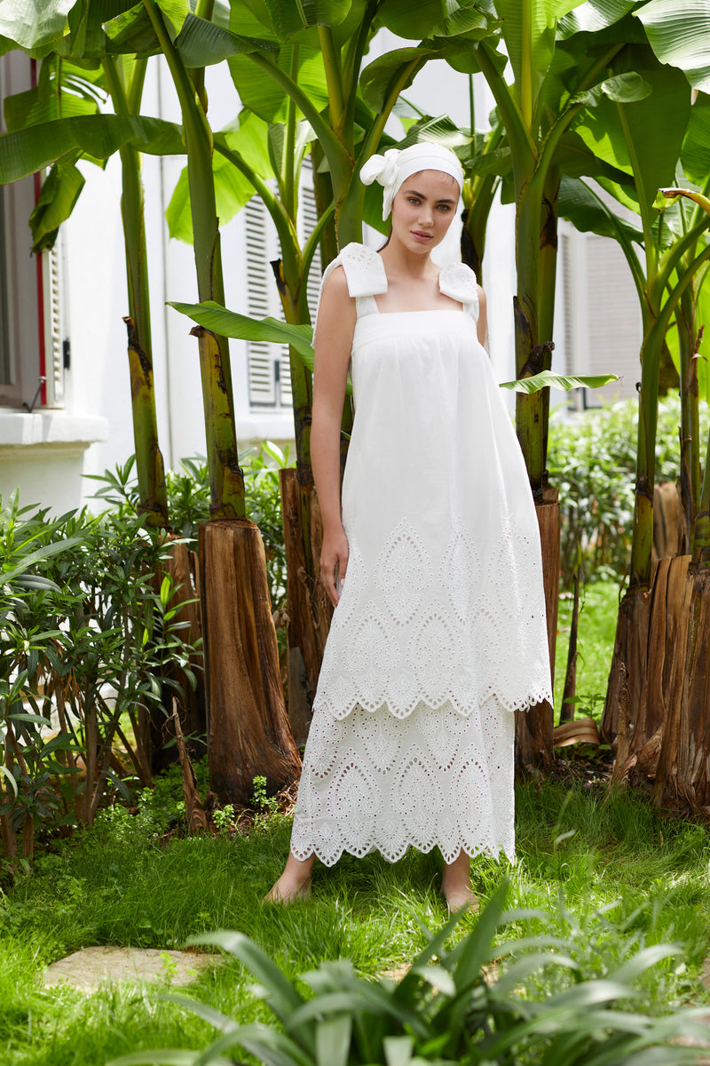 The Ayse Dress, in Summer of Love Embroidered Misty White