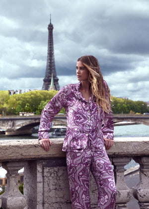 The Penelope Pajama Set in Anatolian Garden Purple Silk