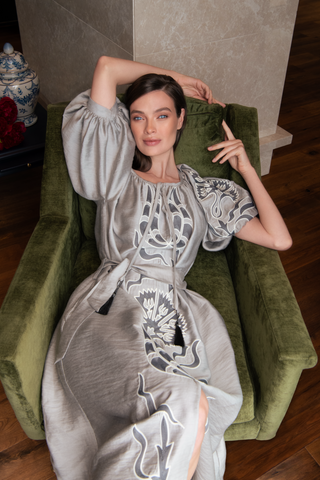 The Meraki Signature Dress in Silver Grey and Charcoal Ottoman Tulips: Artisanal Silver Midi Dress for Women