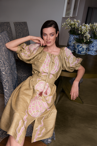 The Meraki Signature Dress in Pistachio and Blush Ottoman Tulips: Artisanal Blush Midi Dress for Women