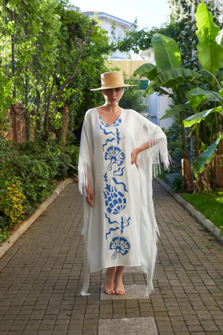 The Virginia Kaftan, in Flamenco & Ottoman Off White & Blue Embroidered Silk-Linen