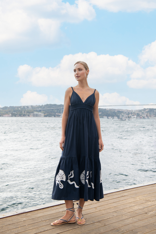 The Meraki Summer Dress in Navy Blue and White Ottoman Tulips
