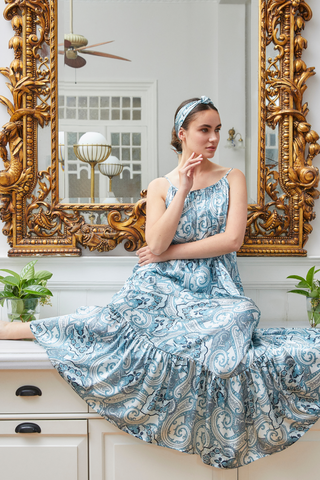 The Daria Maxi Gown in Anatolian Garden Turquoise Silk: Artisanal Maxi Dress for Women