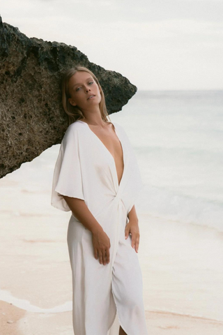 The Penelope Tunic in Pearl White Silk: Artisanal Midi Dress for Women
