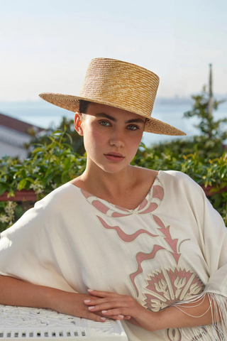 The Virginia Kaftan, in Flamenco & Ottoman. White & Pink Embroidered Silk-Linen