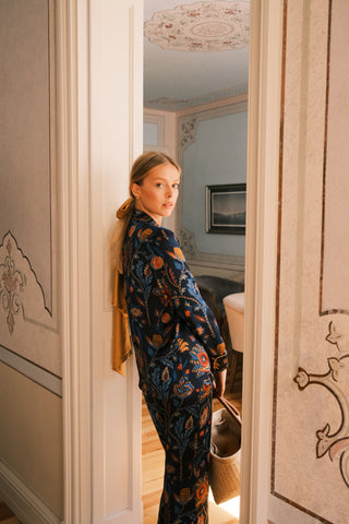 The Penelope Pajama Set in Anatolian Ananas Printed Silk (Navy)