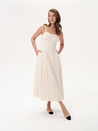 The Paris Romantic Midi Strap Dress in Champagne Cream Lace: Artisanal Champagne Midi Dress for Women