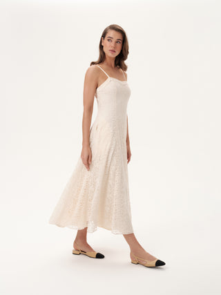 The Paris Romantic Midi Strap Dress in Champagne Cream Lace: Artisanal Champagne Midi Dress for Women