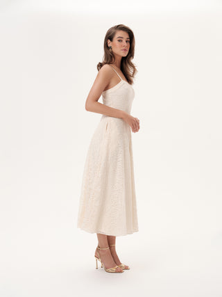 The Paris Romantic Midi Strap Dress in Champagne Cream Lace: Artisanal Champagne Midi Dress for Women