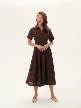 The Sydney Shirt Dress in Chocolate Brown Eyelet: Artisanal Chocolate Brown Midi Dress for Women