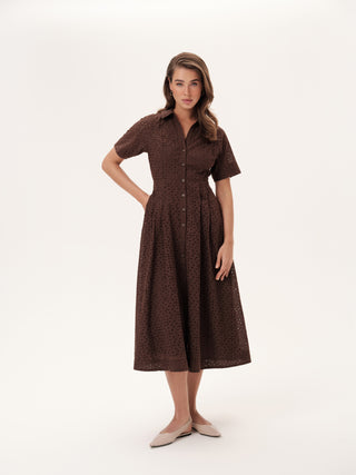 The Sydney Shirt Dress in Chocolate Brown Eyelet: Artisanal Chocolate Brown Midi Dress for Women