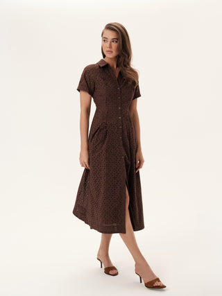 The Sydney Shirt Dress in Chocolate Brown Eyelet: Artisanal Chocolate Brown Midi Dress for Women