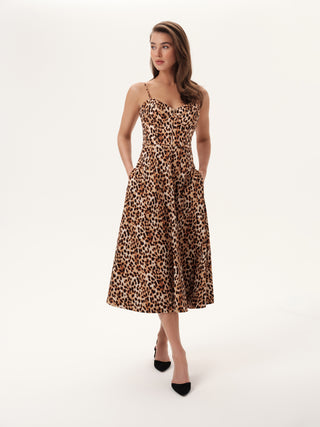 The Madrid Corset Midi Strap Dress in Leopard Print Cotton: Artisanal Leopard Midi Dress for Women