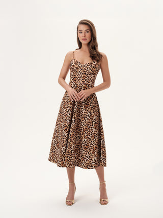 The Madrid Corset Midi Strap Dress in Leopard Print Cotton: Artisanal Leopard Midi Dress for Women