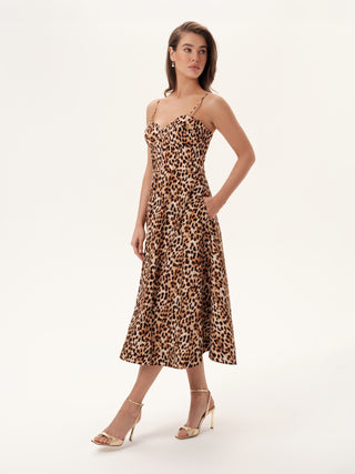 The Madrid Corset Midi Strap Dress in Leopard Print Cotton: Artisanal Leopard Midi Dress for Women