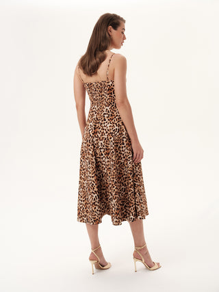 The Madrid Corset Midi Strap Dress in Leopard Print Cotton: Artisanal Leopard Midi Dress for Women