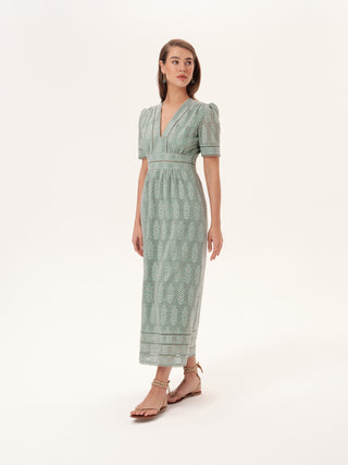 The Lisbon V-Neck Short Sleeve Dress in Sage Green Cotton Eyelet: Artisanal Sage Green Midi Dress for Women