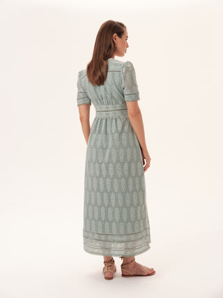 The Lisbon V-Neck Short Sleeve Dress in Sage Green Cotton Eyelet: Artisanal Sage Green Midi Dress for Women