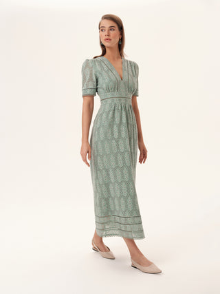 The Lisbon V-Neck Short Sleeve Dress in Sage Green Cotton Eyelet: Artisanal Sage Green Midi Dress for Women