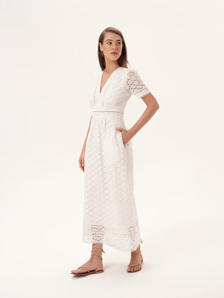 The Lisbon V-Neck Short Sleeve Dress in White Circles Lace: Artisanal White Midi Dress for Women