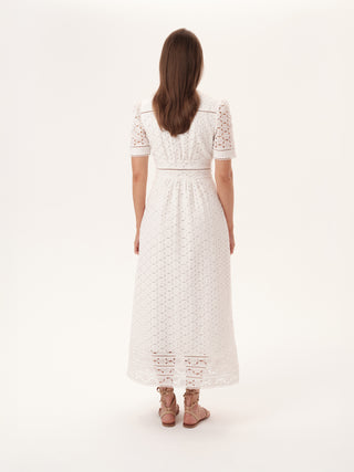 The Lisbon V-Neck Short Sleeve Dress in White Circles Lace: Artisanal White Midi Dress for Women