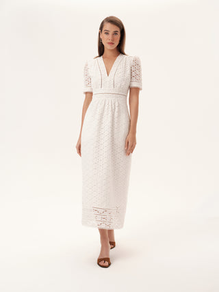 The Lisbon V-Neck Short Sleeve Dress in White Circles Lace: Artisanal White Midi Dress for Women