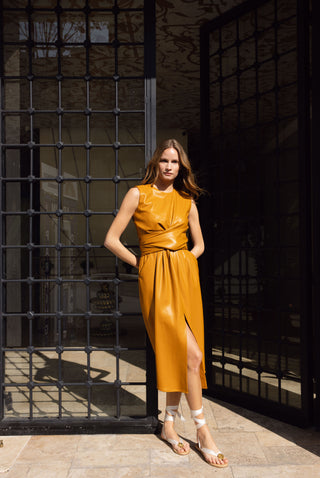 The Virginia Dress in Marigold: Artisanal Marigold Midi Dress for Women