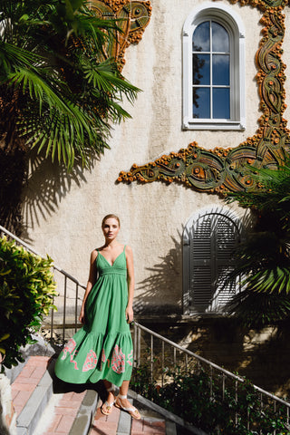 The Meraki Summer Dress in Green Apple Ottoman Tulips: Artisanal Green Maxi Dress for Women