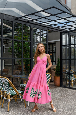 The Meraki Summer Dress in Pink Lemonade Ottoman Tulips: Artisanal Pink Maxi Dress for Women