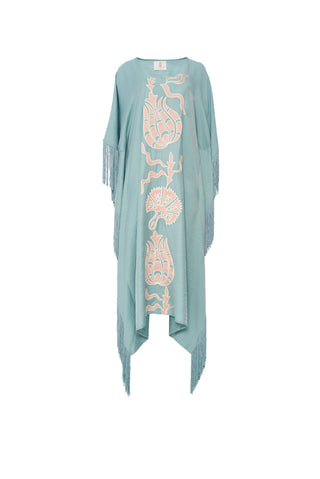 The Virginia Kaftan, in Flamenco & Ottoman. Turquoise & Rose Embroidered Silk-Linen