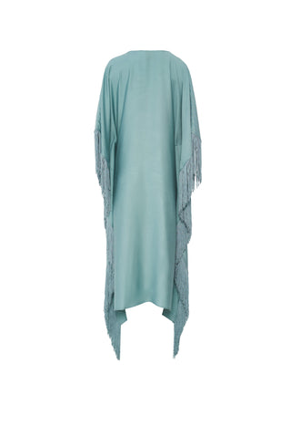 The Virginia Kaftan, in Flamenco & Ottoman. Turquoise & Rose Embroidered Silk-Linen