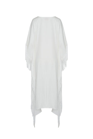 The Virginia Kaftan, in Flamenco & Ottoman. White & Pink Embroidered Silk-Linen