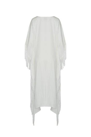 The Virginia Kaftan, in Flamenco & Ottoman Off White & Blue Embroidered Silk-Linen