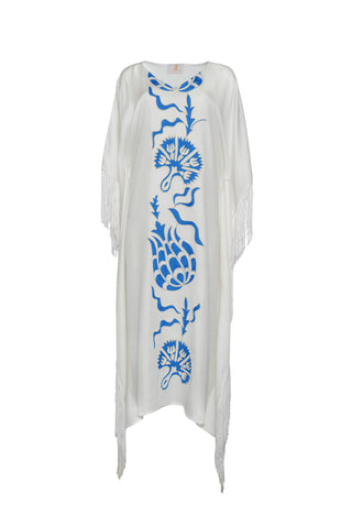 The Virginia Kaftan, in Flamenco & Ottoman Off White & Blue Embroidered Silk-Linen