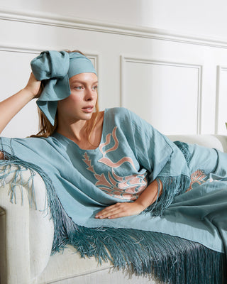 The Virginia Kaftan, in Flamenco & Ottoman. Turquoise & Rose Embroidered Silk-Linen
