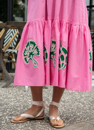 The Meraki Summer Dress in Pink Lemonade Ottoman Tulips: Artisanal Pink Maxi Dress for Women