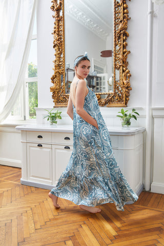 The Daria Maxi Gown in Anatolian Garden Turquoise Silk: Artisanal Maxi Dress for Women