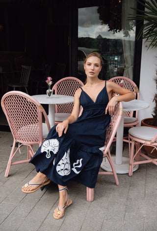 The Meraki Summer Dress in Navy Blue and White Ottoman Tulips