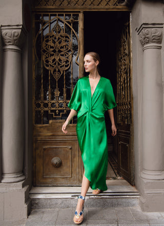 The Penelope Tunic in Emerald Green Silk: Artisanal Green Midi Dress for Women