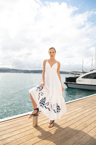 The Meraki Summer Dress in White and Navy Blue Ottoman Tulips: Artisanal White Maxi Dress for Women