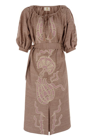 The Meraki Signature Dress in Blush and Pink Ottoman Tulips: Artisanal Midi Dress for Women