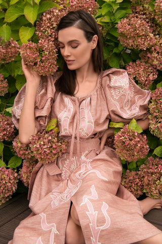 The Meraki Signature Dress in Blush and Pink Ottoman Tulips: Artisanal Midi Dress for Women