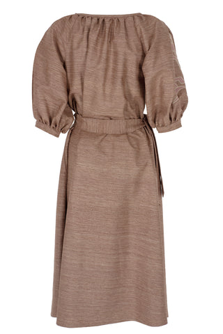 The Meraki Signature Dress in Blush and Pink Ottoman Tulips: Artisanal Midi Dress for Women