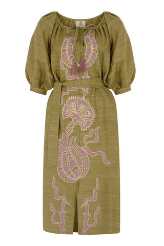 The Meraki Signature Dress in Pistachio and Blush Ottoman Tulips: Artisanal Blush Midi Dress for Women