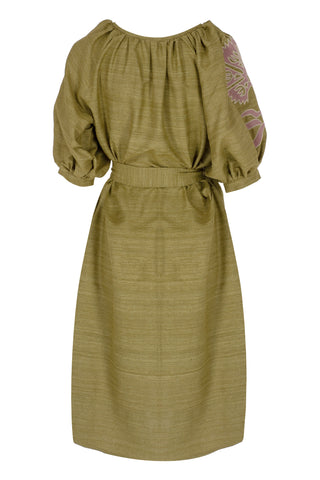 The Meraki Signature Dress in Pistachio and Blush Ottoman Tulips: Artisanal Blush Midi Dress for Women