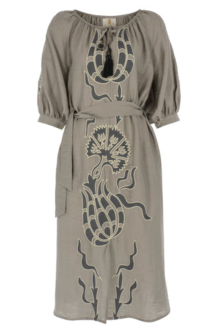 The Meraki Signature Dress in Silver Grey and Charcoal Ottoman Tulips: Artisanal Silver Midi Dress for Women