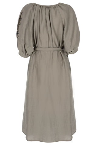 The Meraki Signature Dress in Silver Grey and Charcoal Ottoman Tulips: Artisanal Silver Midi Dress for Women