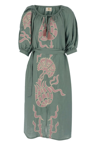 The Meraki Signature Dress in Turquoise and Blush Ottoman Tulips: Artisanal Blush Midi Dress for Women