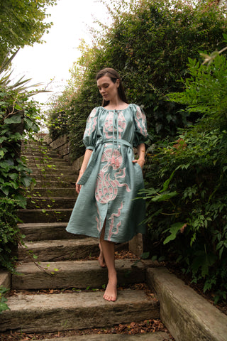 The Meraki Signature Dress in Turquoise and Blush Ottoman Tulips: Artisanal Blush Midi Dress for Women