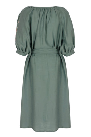 The Meraki Signature Dress in Turquoise and Blush Ottoman Tulips: Artisanal Blush Midi Dress for Women